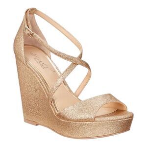 Jewel Badgley Mischka Averie Evening Sandal Heels Gold Glitter 8.5M New